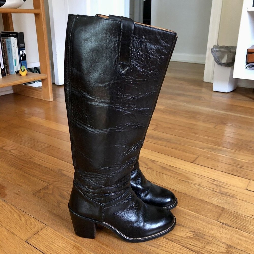 Vintage Black Leather Heeled Boots Made In Spain Size 5.5